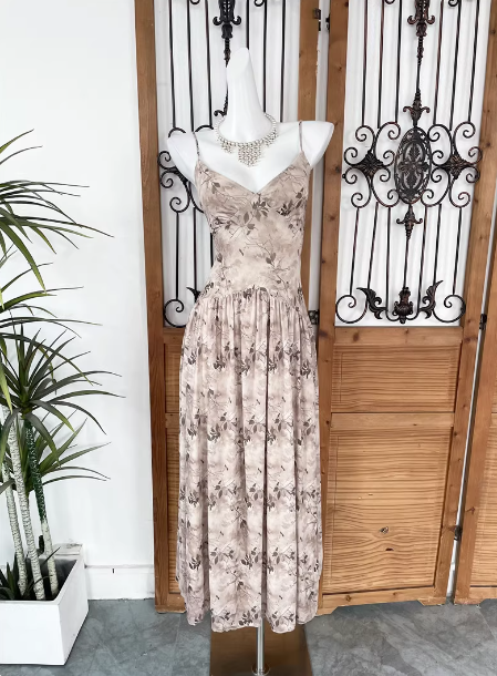 Beautiful Milk Tea Color Spaghetti Strap V-Neck Printed Satin Long Classy Prom Dress Main image