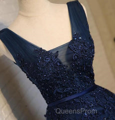Beautiful Navy Blue Knee Length Homecoming Dress, V-Neckline Short Formal Dress