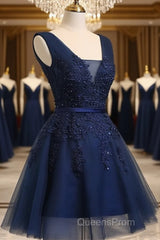 Beautiful Navy Blue Knee Length Homecoming Dress, V-Neckline Short Formal Dress