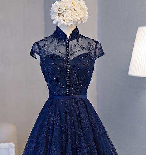 Beautiful Navy Blue Knee Length Lace Party Dress, Homecoming Dress Secondary image