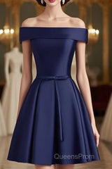 Beautiful Navy Blue Satin Knee Length Homecoming Dress, Blue Short Evening Prom Dress