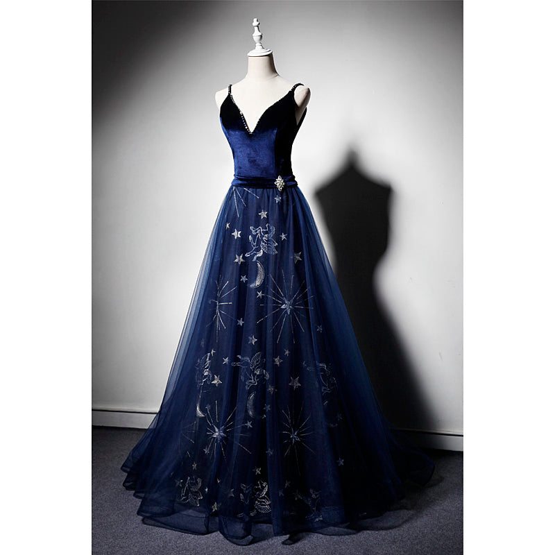 Beautiful Navy Blue Straps Velvet Long Classy Prom Dress, Tulle Blue Classy Evening Gown Secondary image