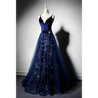 Beautiful Navy Blue Straps Velvet Long Classy Prom Dress, Tulle Blue Classy Evening Gown