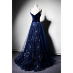 Beautiful Navy Blue Straps Velvet Long Classy Prom Dress, Tulle Blue Classy Evening Gown