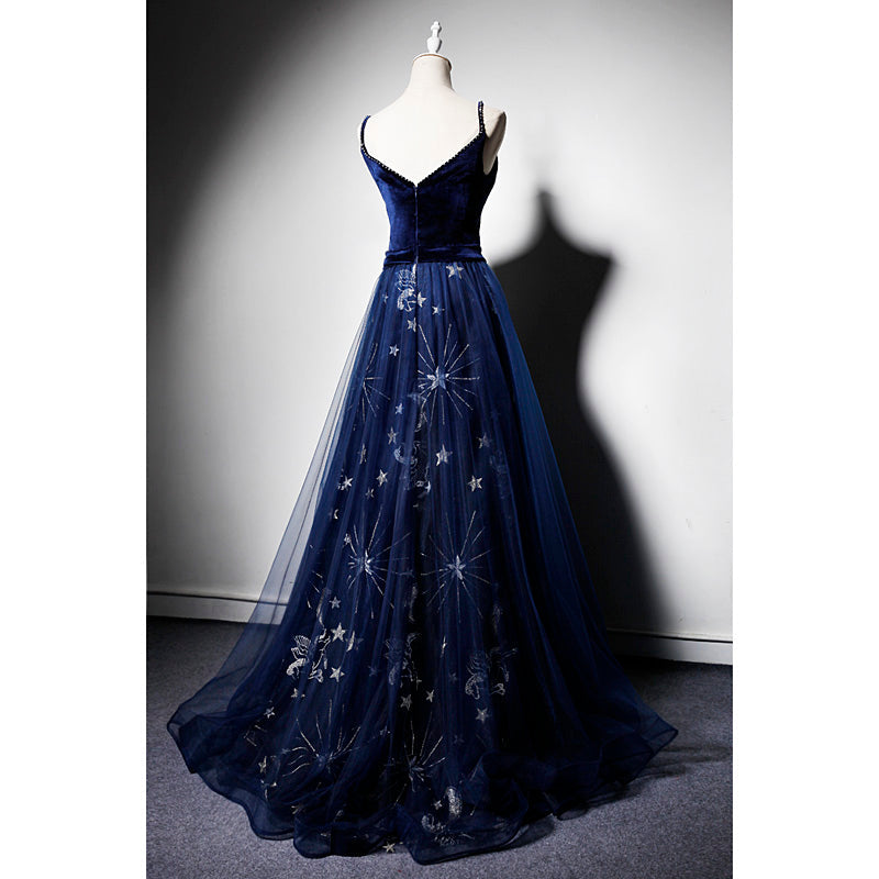 Beautiful Navy Blue Straps Velvet Long Classy Prom Dress, Tulle Blue Classy Evening Gown