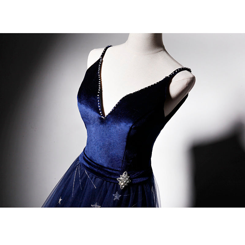 Beautiful Navy Blue Straps Velvet Long Classy Prom Dress, Tulle Blue Classy Evening Gown