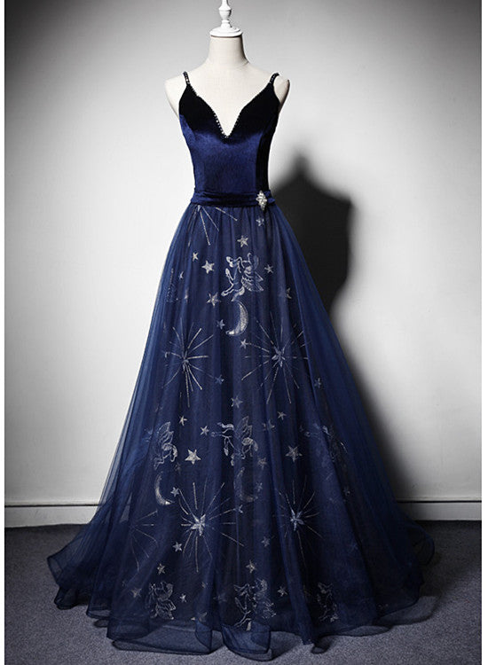 Beautiful Navy Blue Straps Velvet Long Classy Prom Dress, Tulle Blue Classy Evening Gown Main image