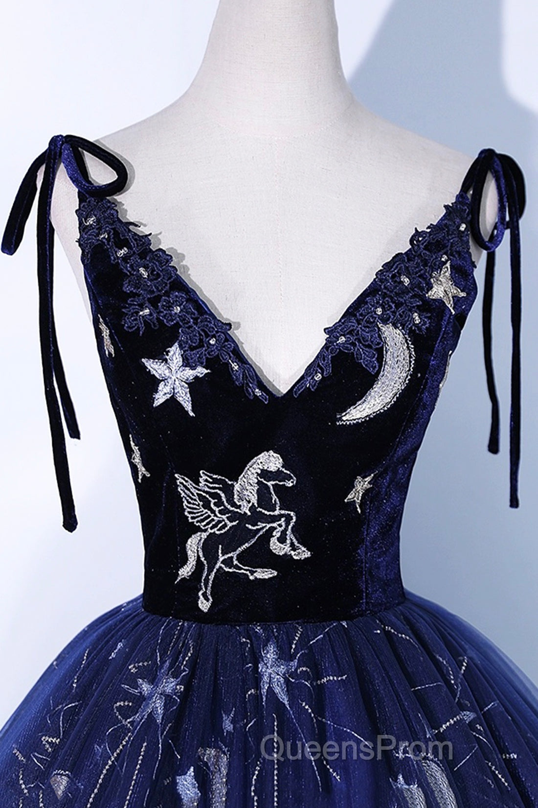 Beautiful Navy Blue Tulle Long Evening Prom Dress, Spaghetti Straps Lace Flower Backless Formal Dress