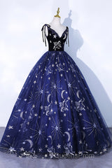 Beautiful Navy Blue Tulle Long Evening Prom Dress, Spaghetti Straps Lace Flower Backless Formal Dress