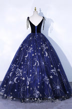 Beautiful Navy Blue Tulle Long Evening Prom Dress, Spaghetti Straps Lace Flower Backless Formal Dress