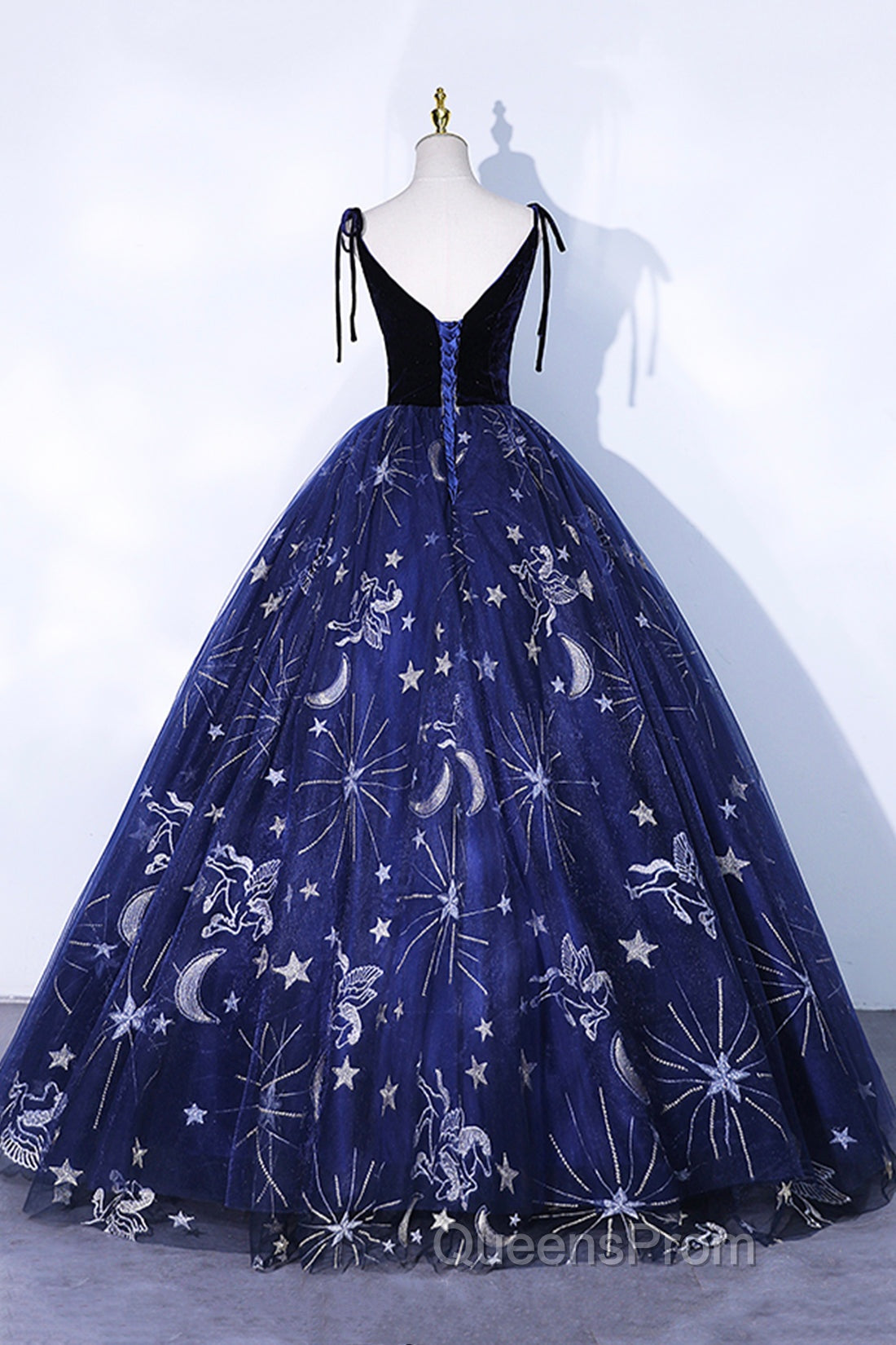 Beautiful Navy Blue Tulle Long Evening Prom Dress, Spaghetti Straps Lace Flower Backless Formal Dress
