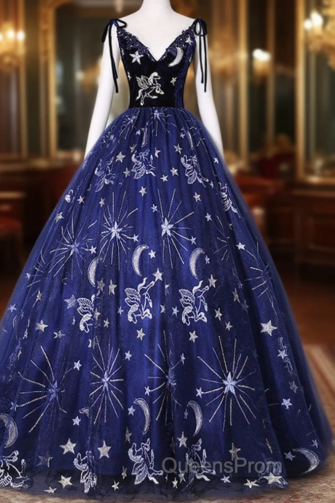 Beautiful Navy Blue Tulle Long Evening Prom Dress, Spaghetti Straps Lace Flower Backless Formal Dress Main image