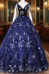 Beautiful Navy Blue Tulle Long Evening Prom Dress, Spaghetti Straps Lace Flower Backless Formal Dress