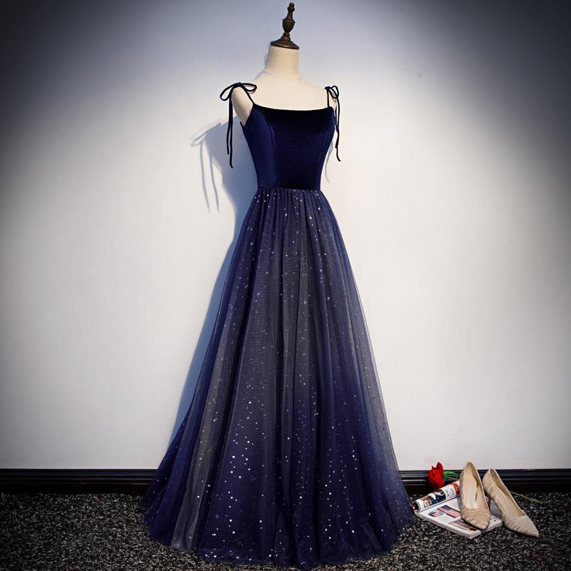 Beautiful Navy Blue Tulle Straps Long Velvet Party Dress, Blue Classy Prom Dress