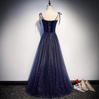 Beautiful Navy Blue Tulle Straps Long Velvet Party Dress, Blue Classy Prom Dress
