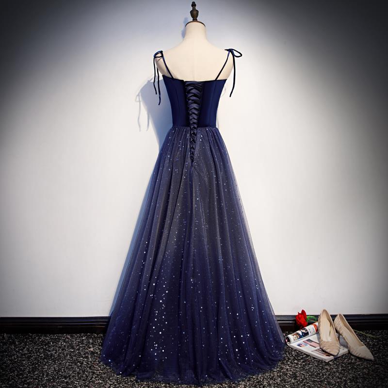 Beautiful Navy Blue Tulle Straps Long Velvet Party Dress, Blue Classy Prom Dress
