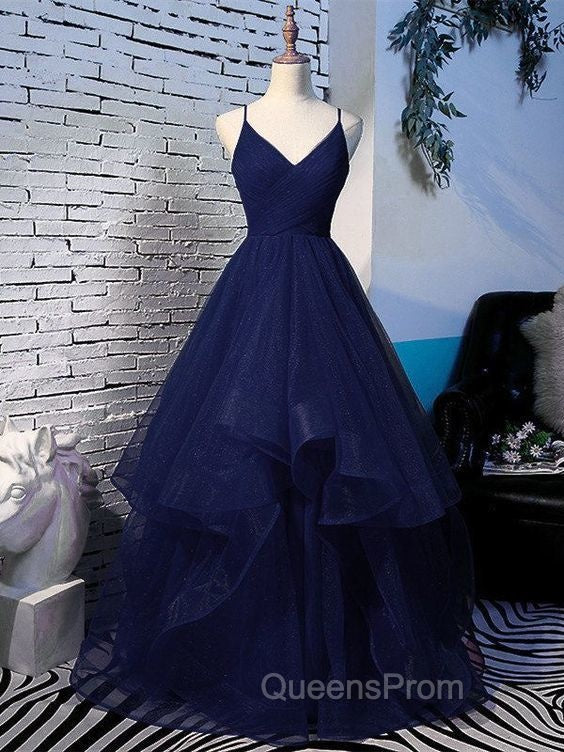 Beautiful Navy Blue Tulle V-neckline Straps Long Party Dress, Blue Evening Gown Secondary image
