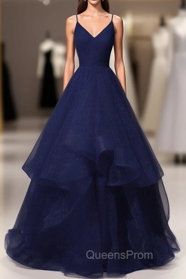 Beautiful Navy Blue Tulle V-neckline Straps Long Party Dress, Blue Evening Gown Main image