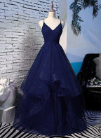 Beautiful Navy Blue Tulle V-Neckline Straps Long Party Dress, Blue Classy Gown