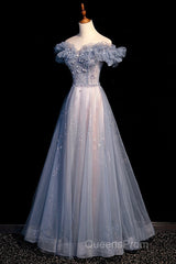 Beautiful Off Shoulder Puffy Sleeves Beaded Party Dress Evening Prom Dress, Blue Evening Gown