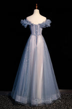 Beautiful Off Shoulder Puffy Sleeves Beaded Party Dress Evening Prom Dress, Blue Evening Gown