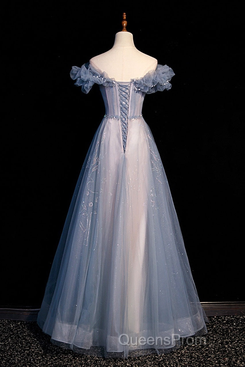 Beautiful Off Shoulder Puffy Sleeves Beaded Party Dress Evening Prom Dress, Blue Evening Gown