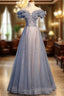 Beautiful Off Shoulder Puffy Sleeves Beaded Party Dress Evening Prom Dress, Blue Evening Gown