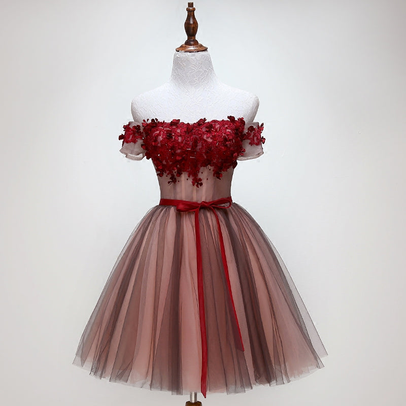 Beautiful Off Shoulder Tulle Knee Length Party Dress , Red Homecoming Dress With Applique Secondary image
