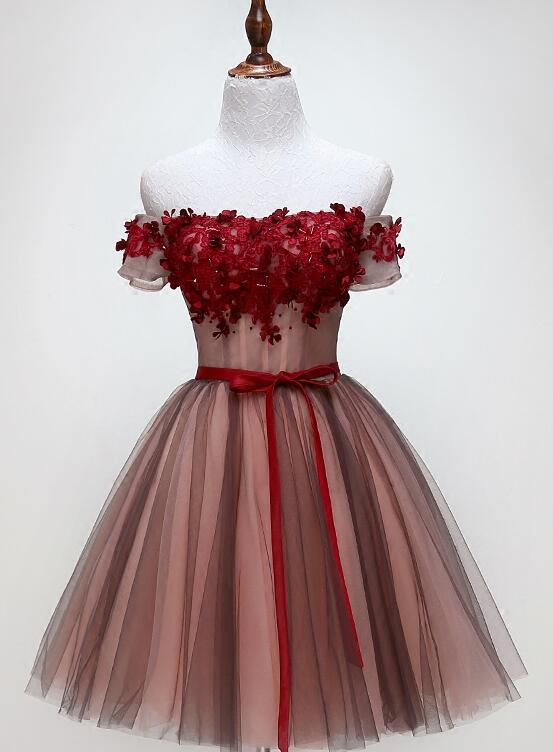Beautiful Off Shoulder Tulle Knee Length Party Dress , Red Homecoming Dress With Applique Main image