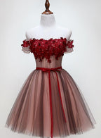 Beautiful Off Shoulder Tulle Knee Length Party Dress , Red Homecoming Dress With Applique
