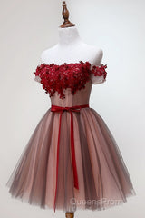 Beautiful Off Shoulder Tulle Knee Length Party Dress , Red Homecoming Dress With Applique