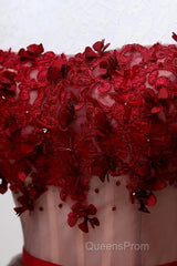 Beautiful Off Shoulder Tulle Knee Length Party Dress , Red Homecoming Dress With Applique