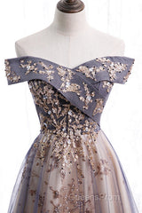 Beautiful Off Shoulder Tulle With Lace Long Evening Gown, Floor Length Evening Prom Dress