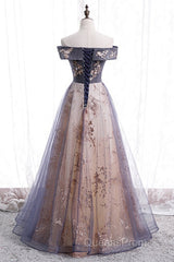 Beautiful Off Shoulder Tulle With Lace Long Evening Gown, Floor Length Evening Prom Dress