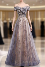 Beautiful Off Shoulder Tulle With Lace Long Evening Gown, Floor Length Evening Prom Dress