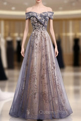 Beautiful Off Shoulder Tulle With Lace Long Evening Gown, Floor Length Evening Prom Dress