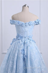 Beautiful Off The Shoulder Blue Evening Prom Dress Lace Applique, High Low Evening Prom Dress