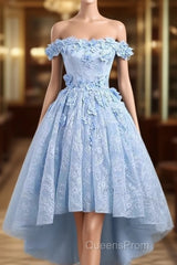 Beautiful Off The Shoulder Blue Evening Prom Dress Lace Applique, High Low Evening Prom Dress