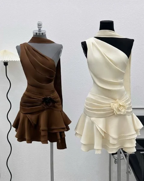 Beautiful One Shoulder Satin Pleated A Line Homecoming Dress