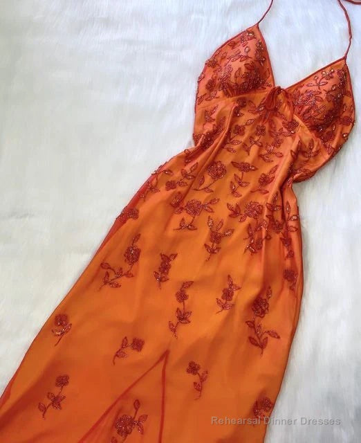 Beautiful Orange Straps Beaded Long Prom Dress Evening Dress Main image