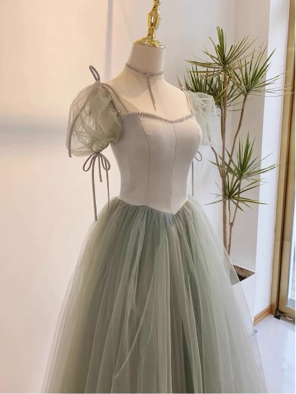 Beautiful Pea Green A-Line Square Neck Puff Sleeve Tulle Long Classy Prom Dress Bridesmaid Dress