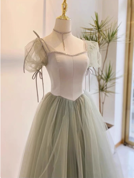 Beautiful Pea Green A-Line Square Neck Puff Sleeve Tulle Long Classy Prom Dress Bridesmaid Dress