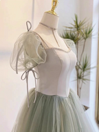 Beautiful Pea Green A-Line Square Neck Puff Sleeve Tulle Long Classy Prom Dress Bridesmaid Dress