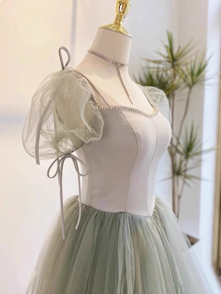 Beautiful Pea Green A-Line Square Neck Puff Sleeve Tulle Long Classy Prom Dress Bridesmaid Dress