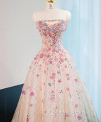 Beautiful Pink Beaded Flowers A-Line Strapless Long Evening Prom Dress Gorgeous Formal Evening Dress