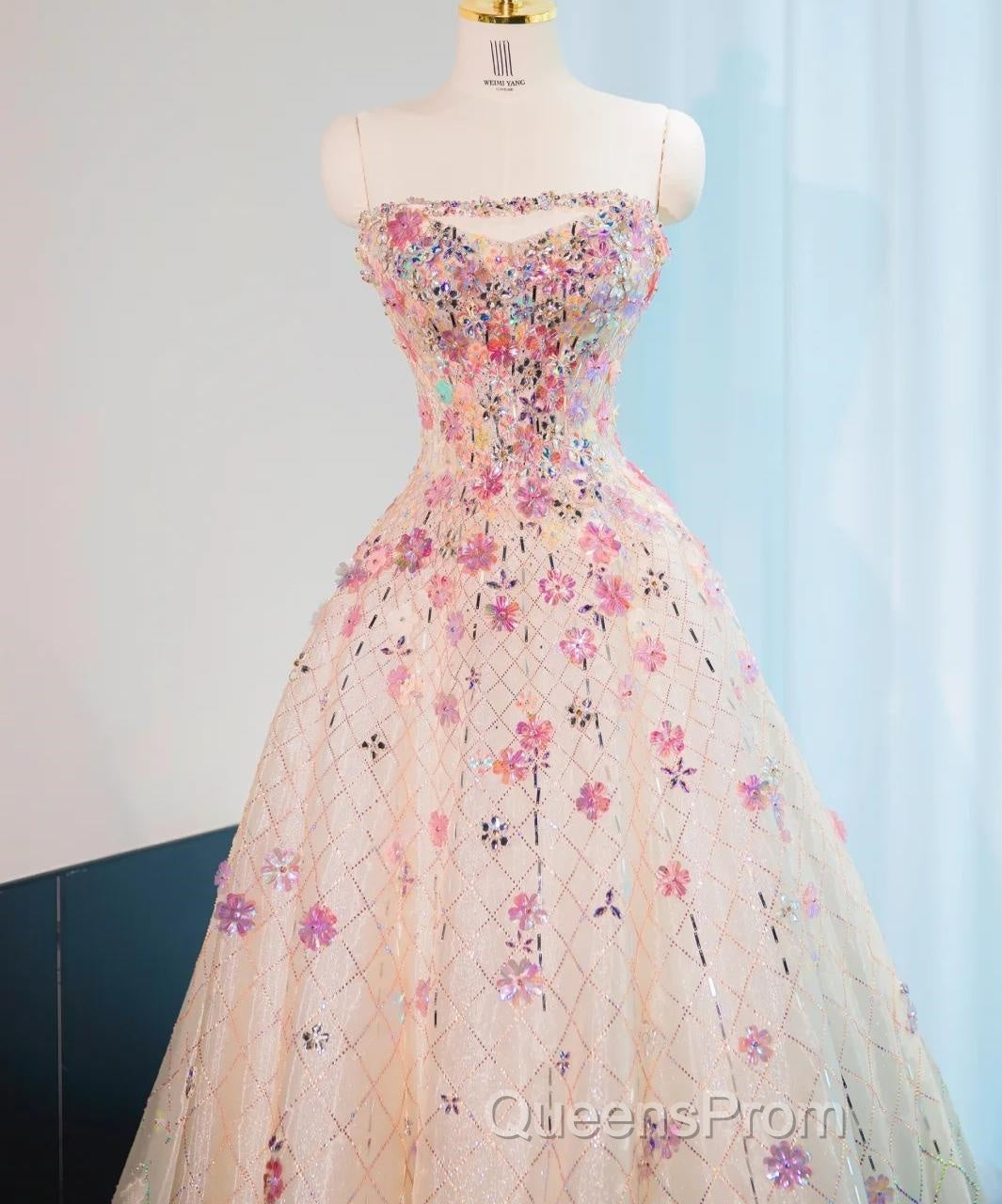 Beautiful Pink Beaded Flowers A-Line Strapless Long Evening Prom Dress Gorgeous Formal Evening Dress