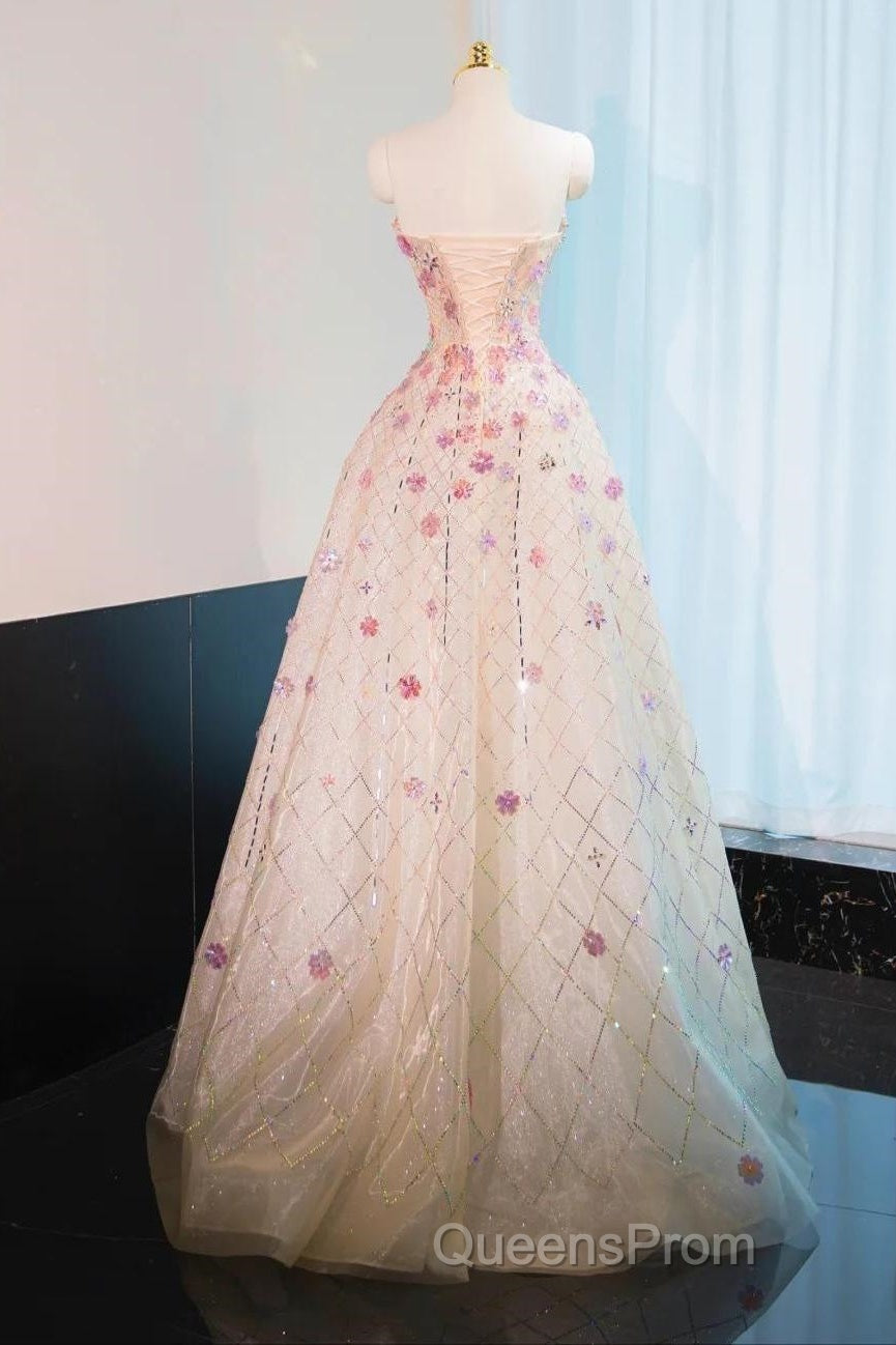 Beautiful Pink Beaded Flowers A-Line Strapless Long Evening Prom Dress Gorgeous Formal Evening Dress