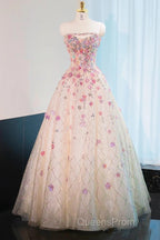 Beautiful Pink Beaded Flowers A-Line Strapless Long Evening Prom Dress Gorgeous Formal Evening Dress