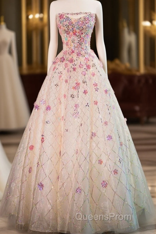 Beautiful Pink Beaded Flowers A-Line Strapless Long Evening Prom Dress Gorgeous Formal Evening Dress Main image