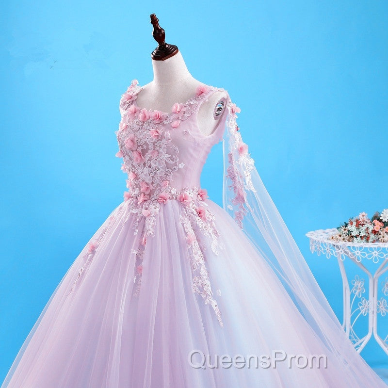 Beautiful Pink Flowers Long Formal Dress, Pink Sweet 16 Gown Party Dress
